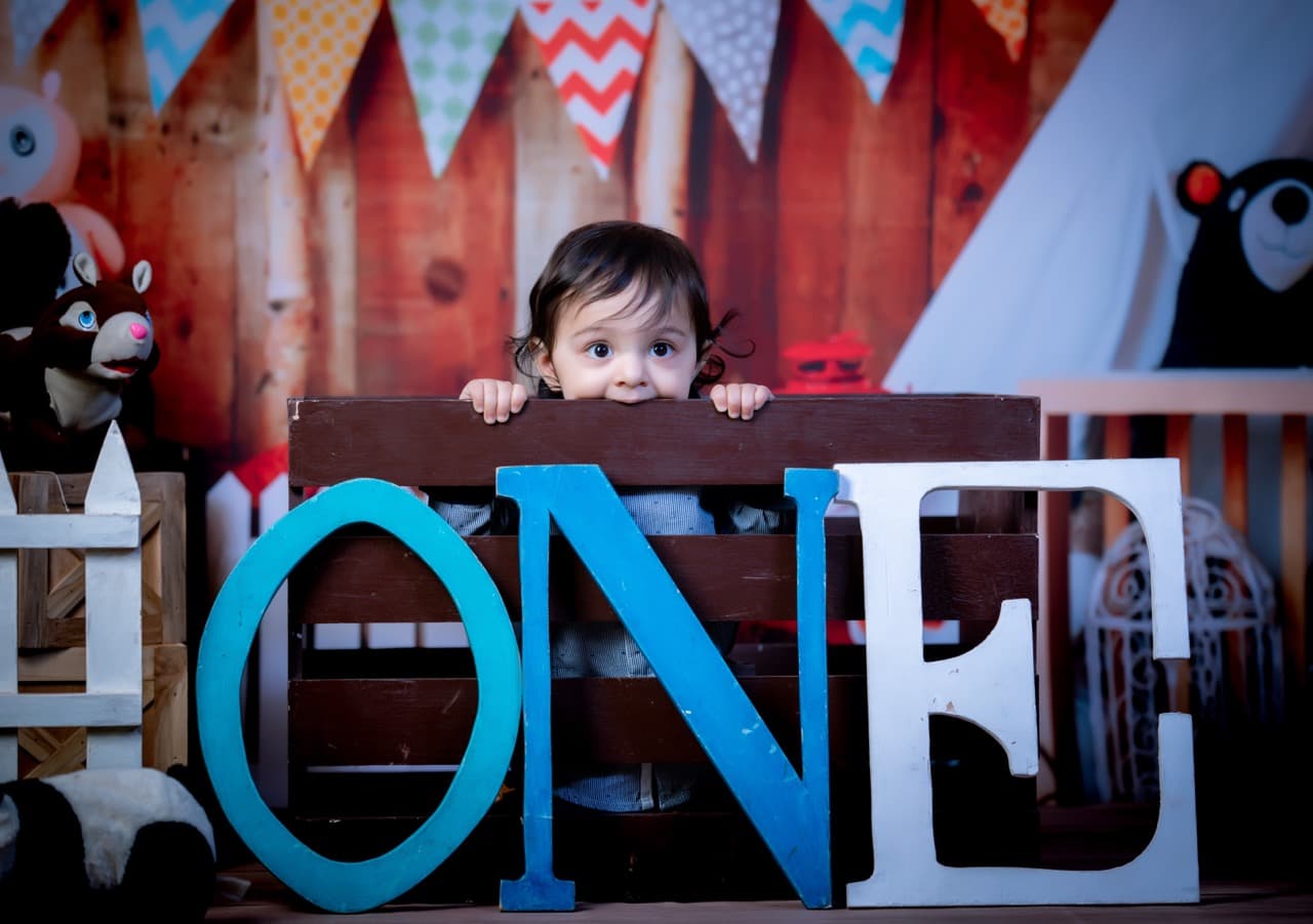 First birthday toddler portrait with birthday theme decor